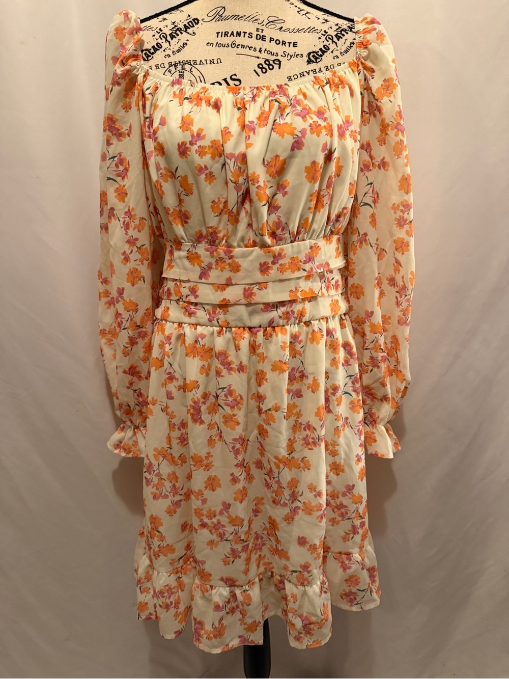 Floral Tie-Waist Long Sleeve Dress in Cream with Orange & Pink Flowers